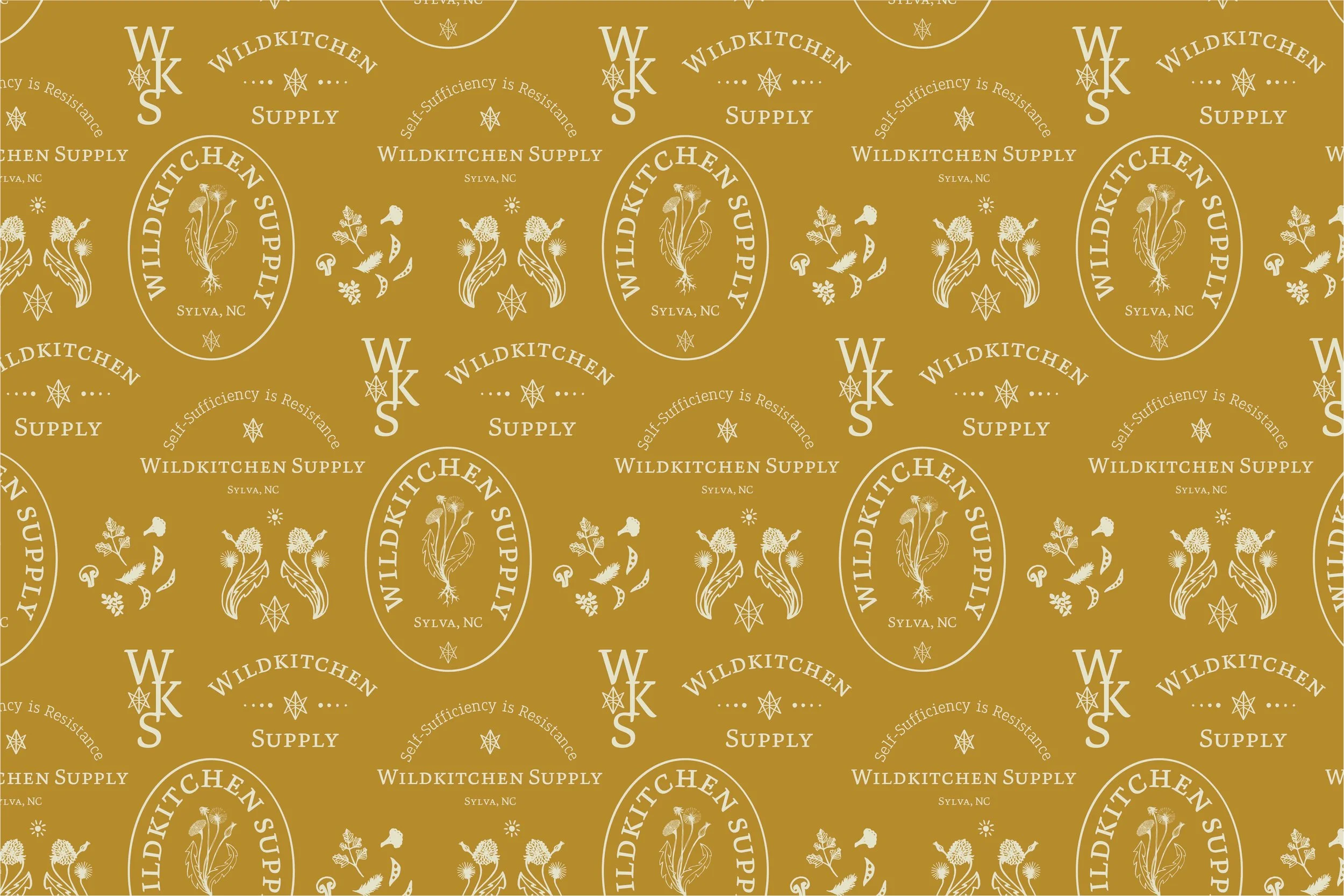 Pattern featuring the text 'Wildkitchen Supply, Sylva, NC' with botanical illustrations on a mustard background.