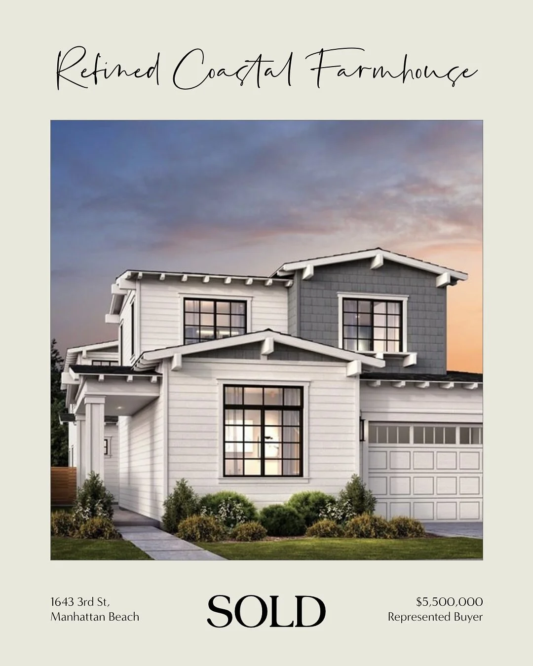 Sold for $5,500,000✨1643 3rd St, Manhattan Beach.

A refined coastal farmhouse where light, space, and effortless elegance come together. Designed for slow mornings, seamless entertaining, and elevated everyday living.

Represented the buyer on this 