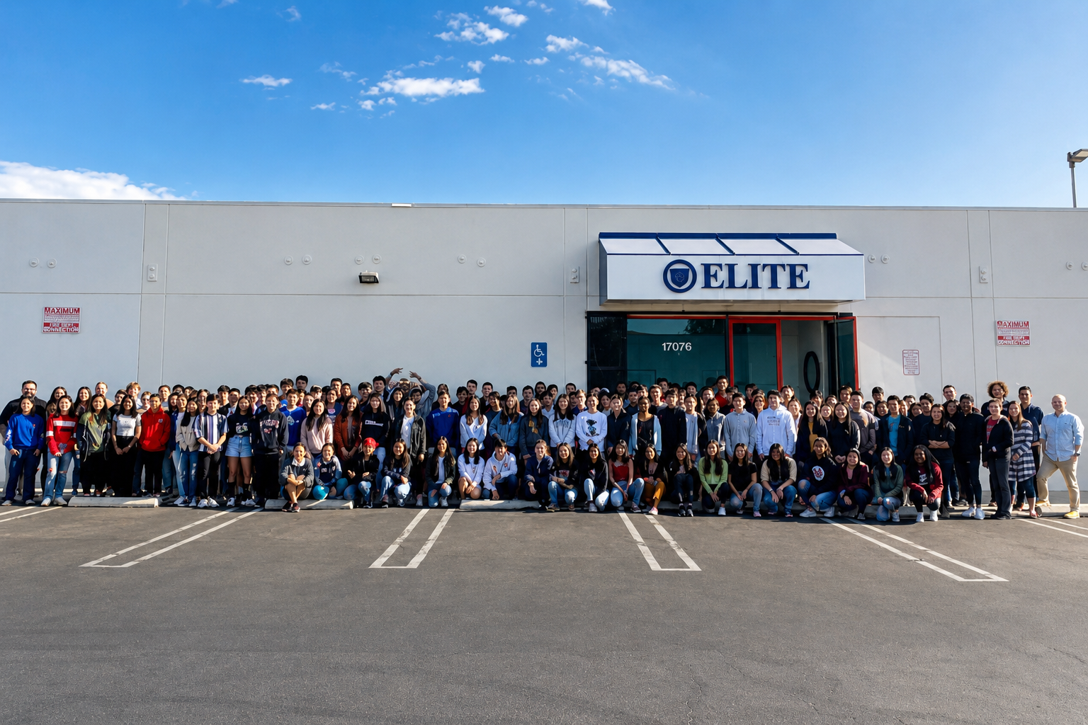 Elite Prep Northridge front entrance with large group of students
