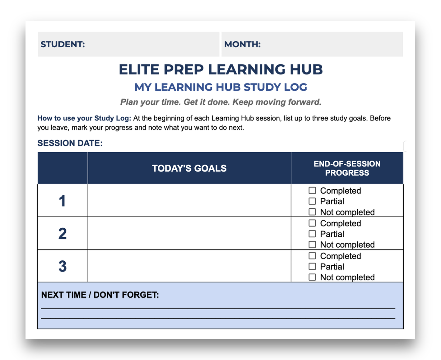 Elite Prep Learning Hub Study Log
