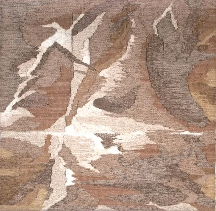 Flight 29” x 29” ©1985 Esther J. Kolling , tapestry of handspun and commercial wool, cotton bouclé weft on cotton warp at 6 epi