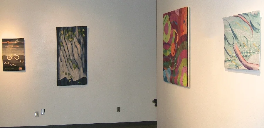 North end of west wall; Mary Rawcliffe Colton Ghost Bike Memorial , Elizabeth Buckley Dialogues Through the Veil ; Entry area north wall: Cindy Dworzak Circles ; Elizabeth Buckley Ocean Memory