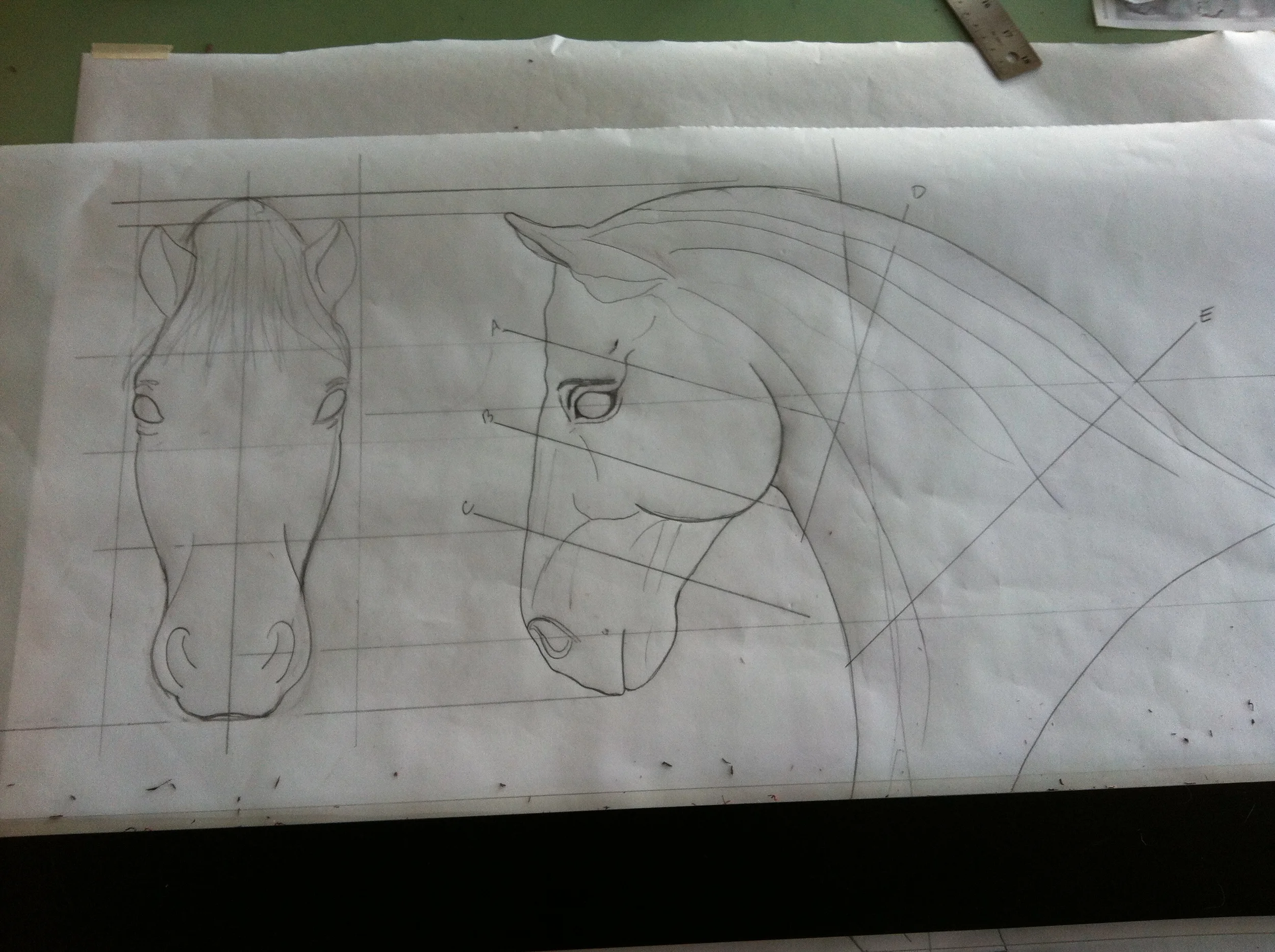 Working drawing of horse head sculpture
