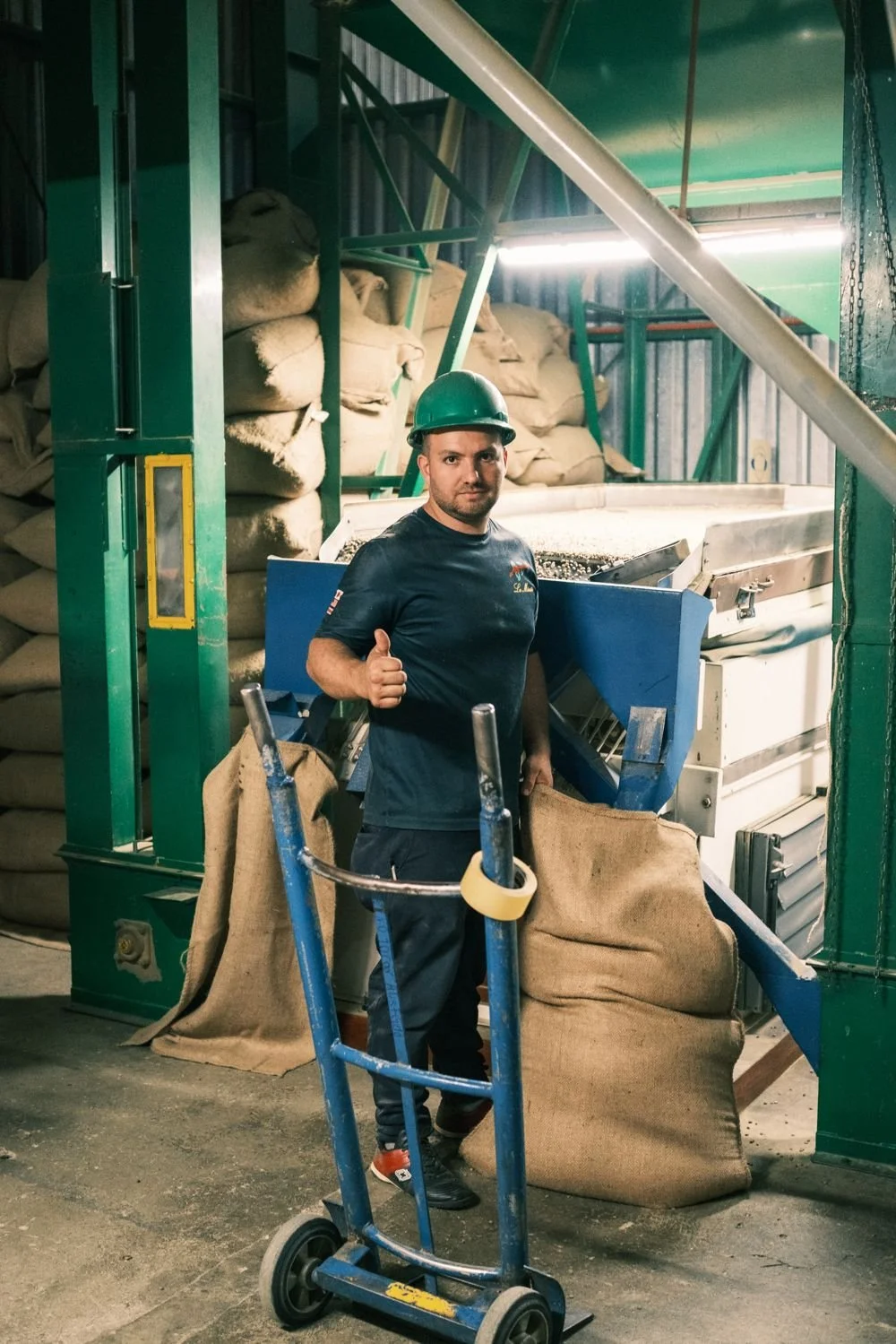 A dry mill worker in a green hard hat giving a thumbs up beside burlap coffee sacks