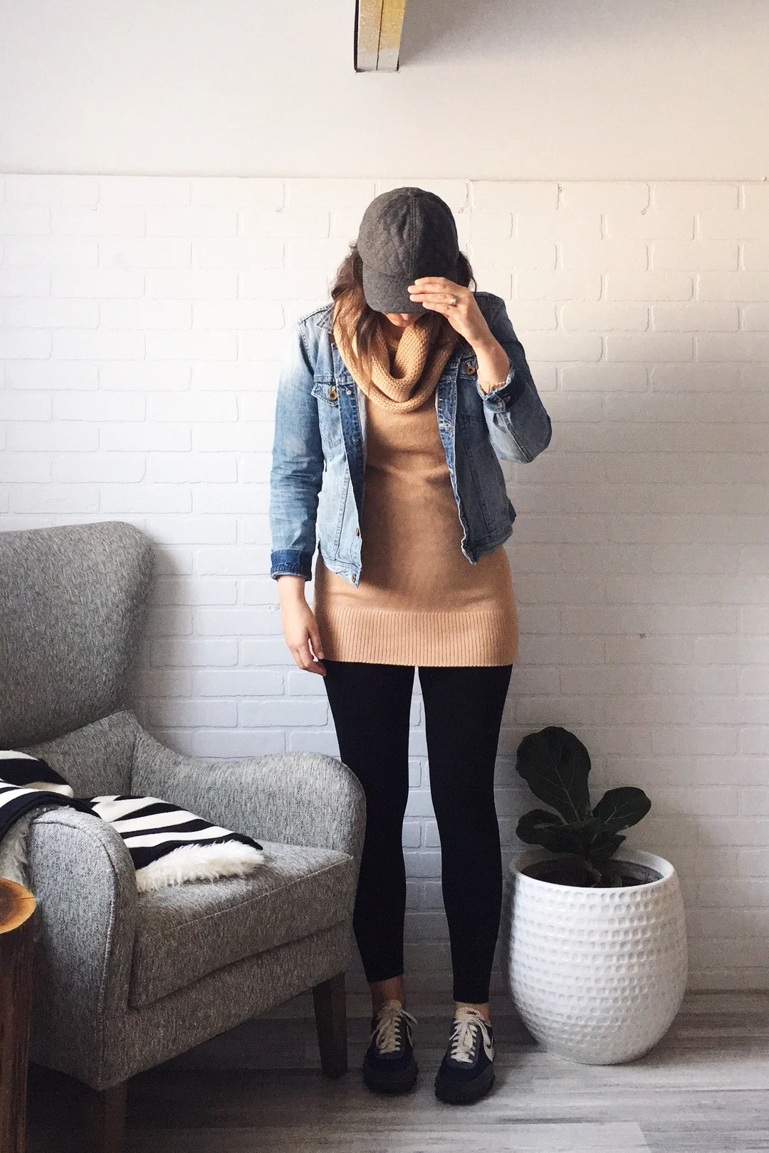 hat: Madewell / jacket: Madewell ( similar ) / sweater: H&M / leggings: M.Rena via Mainstream Boutique / shoes: J.Crew