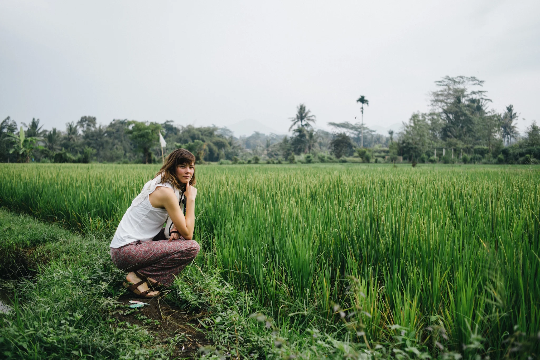 Exploring the rice fields near our first stay in Ubud. The peak in the distance is Gunung (Mount) Batukaru, north west of Ubud.