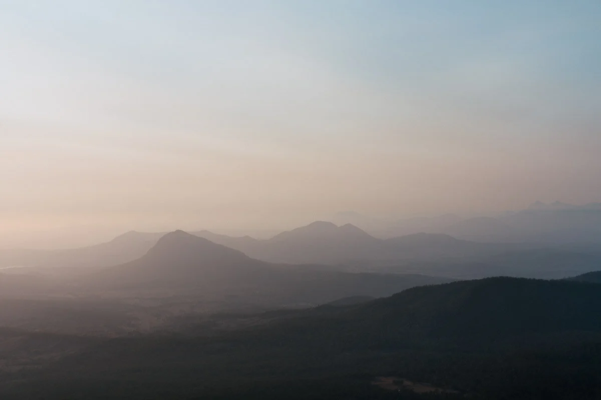 Smoke and dust in the atmosphere from fires.