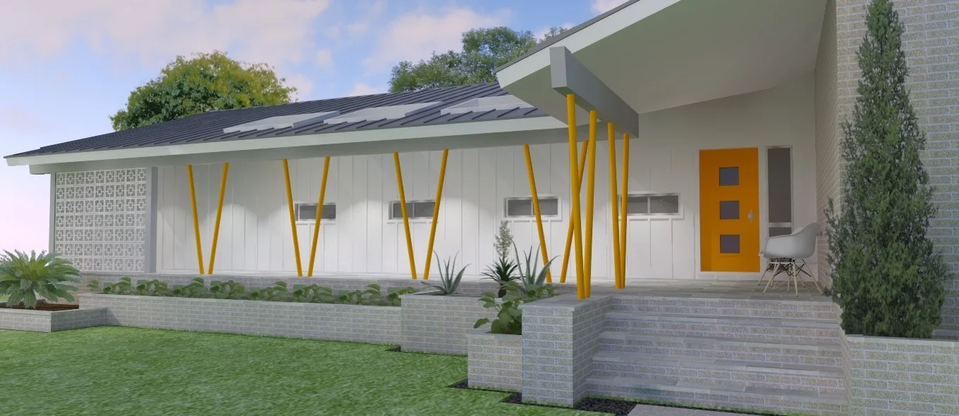 Playful steel "V" columns.