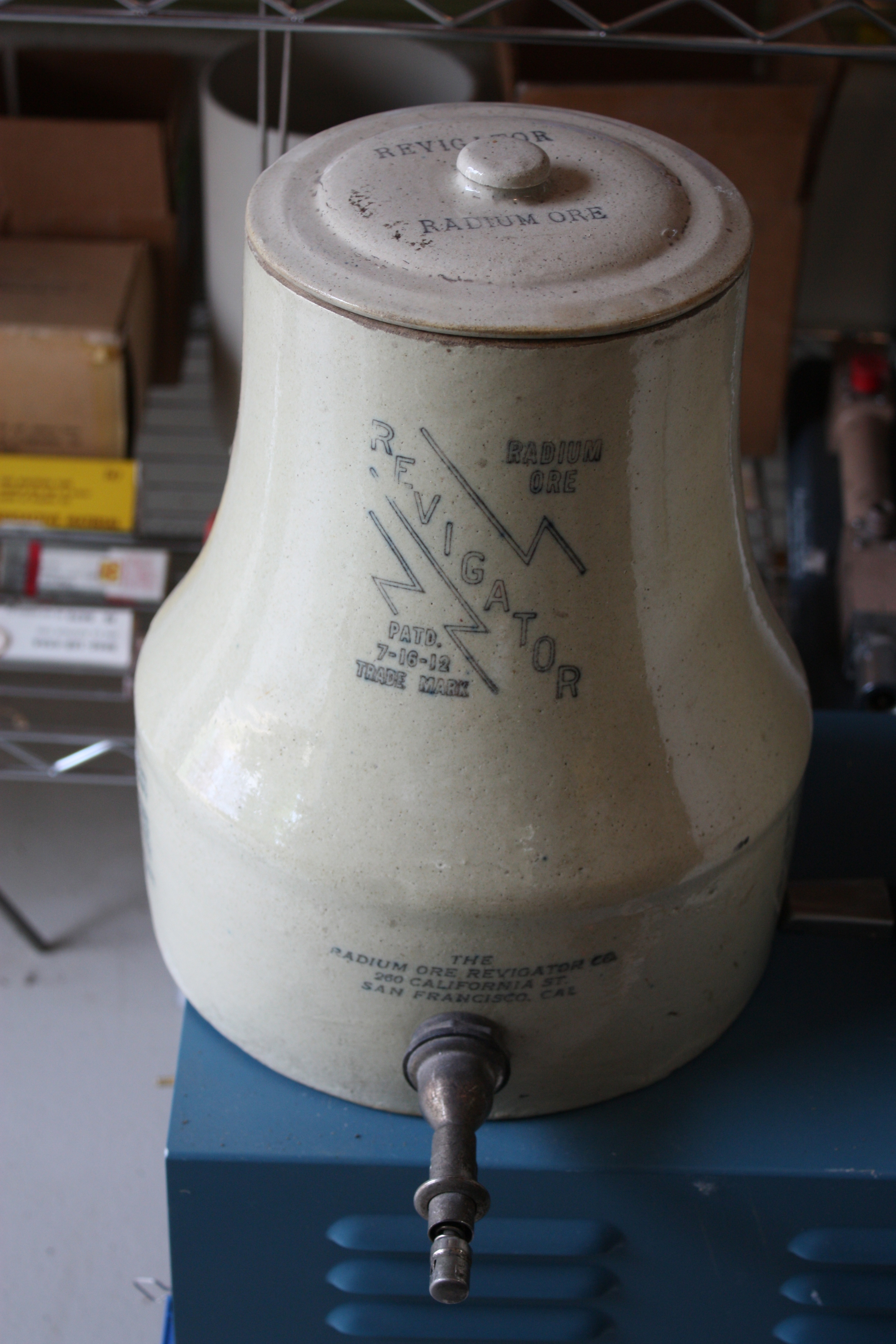 Revigator (1920s) Perhaps the most common product encountered from the "Radium Craze" that swept the US and Europe during the 1920s. The newfound power of radioactivity was viewed as invigorating providing health and energy to a dull and impotent life. These Revigators were lined with Carnotite Uranium ore which charged the water in the crock with Radon-222 from the decay of Radium-226 in the ore.