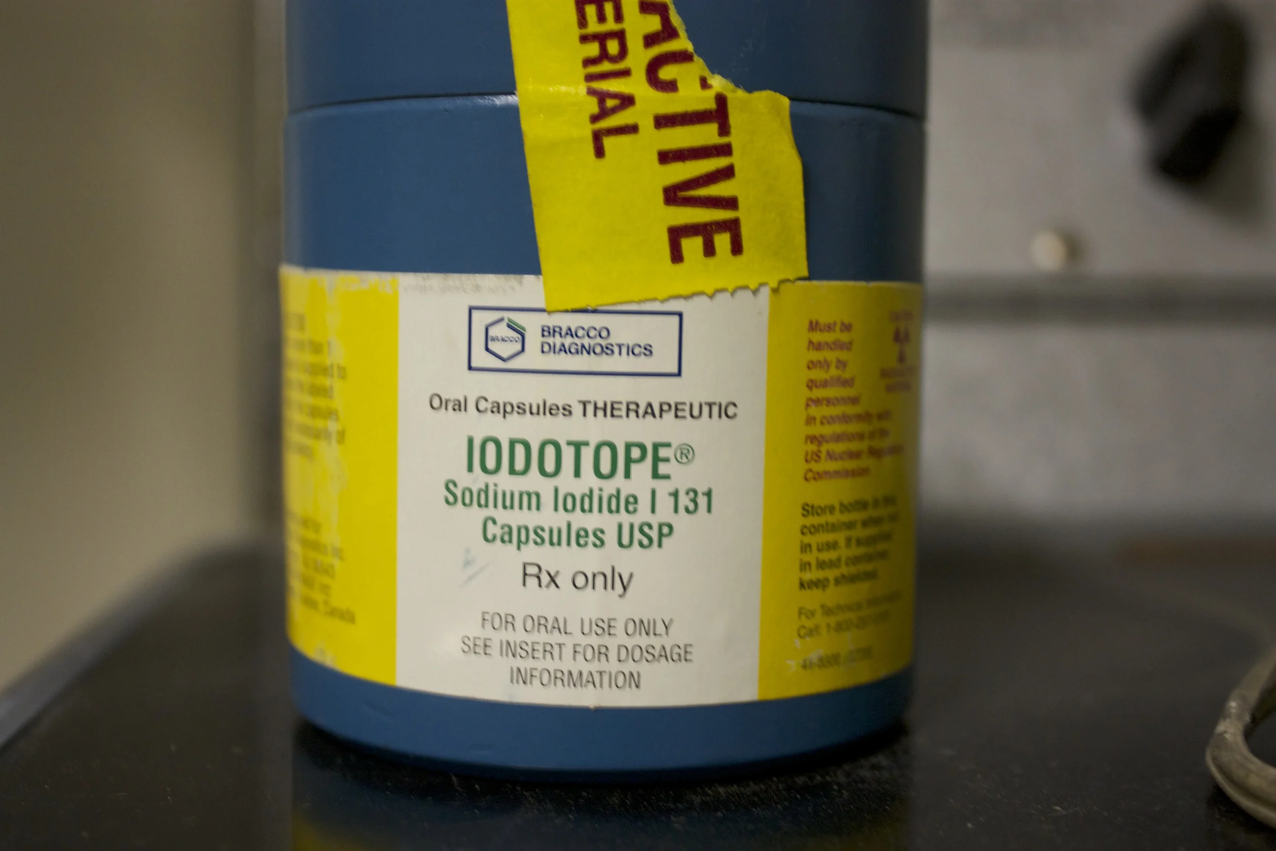 Radiopharmaceutical "Pig" (Present Day) A pig used to store capsules of Iodine-131 to treat diseases of the Thyroid. Like the Molybdenum-99 above, this I-131 is a short lived Fission Product, sourced from Highly Enriched Uranium fission targets in a high flux reactor.