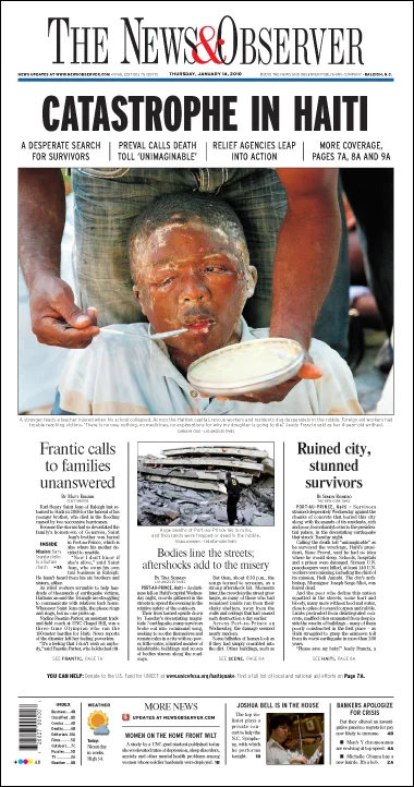 When the severity of the 2010 Haiti earthquake became clear, we decided to go big. The photo editor and i waited until late in the night before picking an image that showed relief efforts as opposed to destruction.