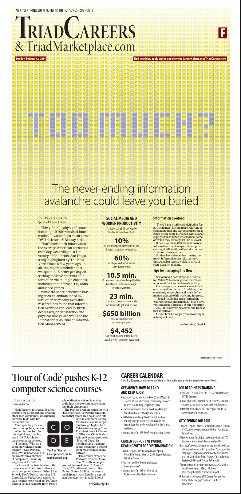 The 24/7, constant barrage of information defines life. Is it right, is it too much. A series of inbox envelopes made the background for a look at the pluses and minuses.
