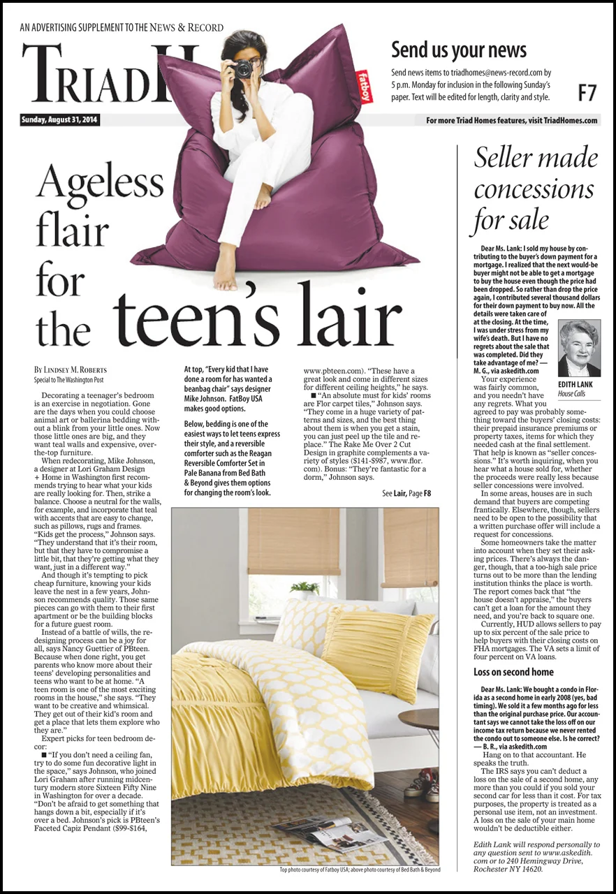 TriadHomes is a weekly inside page, often carried with wire stories, This version provided tips for decorating a teenager's space.