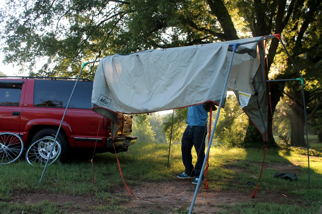 The race officials' tent is the first structure to go up near the start/finish line.