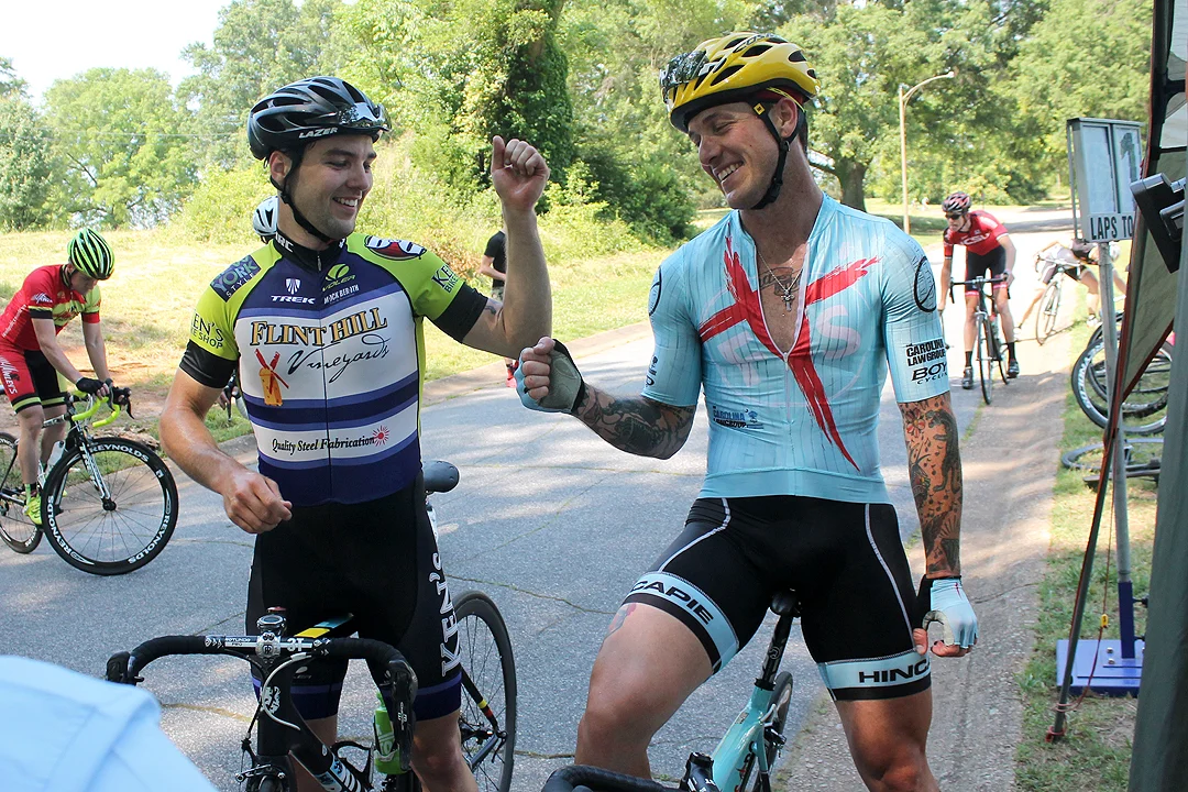 After the race, Denis and Huegel congratulated each other. Denis won on a bike throw, shown in the previous photograph.