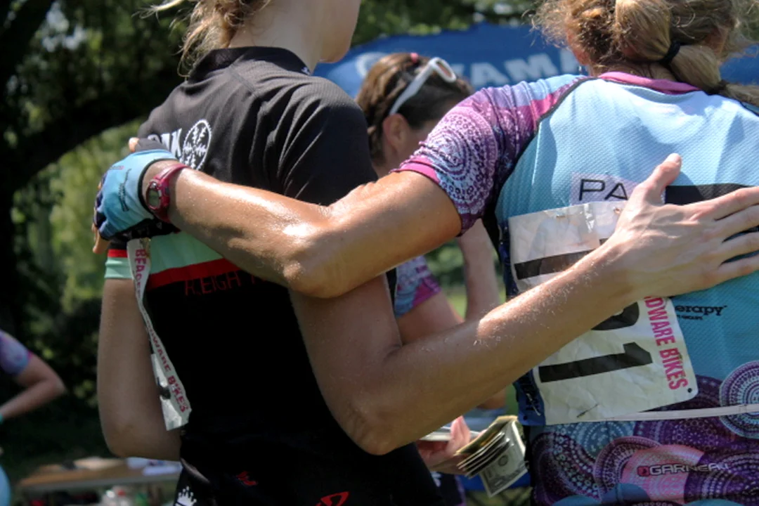 Jessica Winebrenner, left, and Kristine Allyne after the podium photos are done.