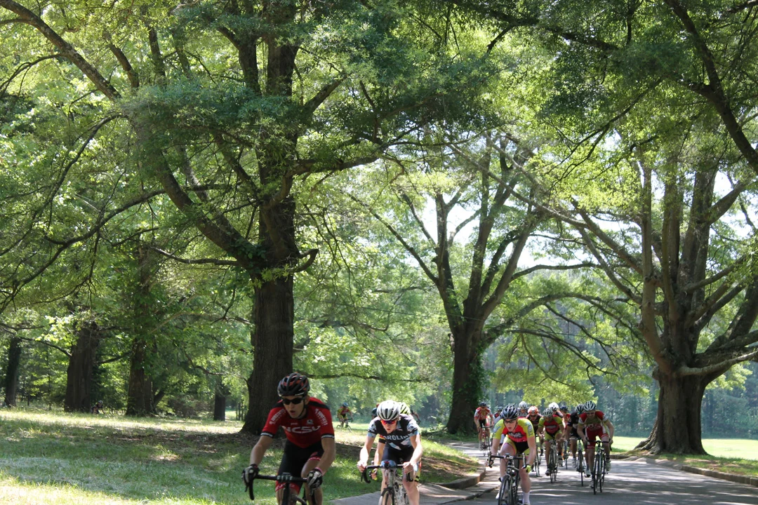 Racers near the crest of the course's hill.