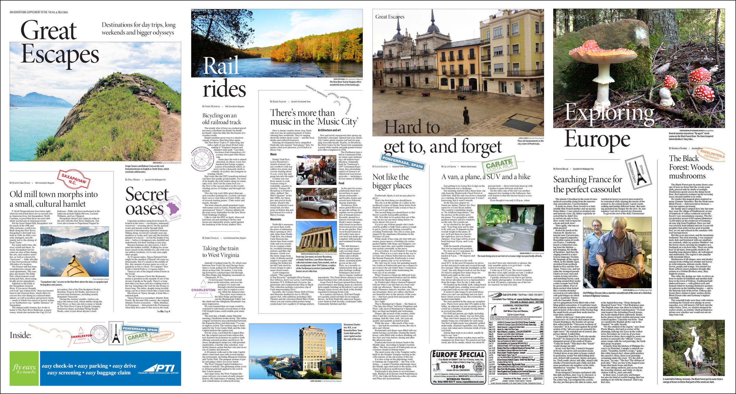 Great Escapes was a travel-based special section to provide interesting ideas for get-a-ways, near and far. I created all of the "passport stamps" on the fly to bring in a feeling of a travel adventure, even if it's Saxapahaw, N.C. Other pages in th…