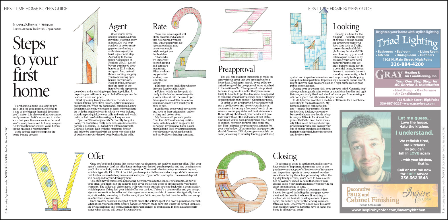 The center spread of a Special Section for first-time home buyers included a series of steps to follow in making the process as easy as possible. I turned the numbers into artistic / unusual "houses" hand-drawn with colored pencil. I worked with the…