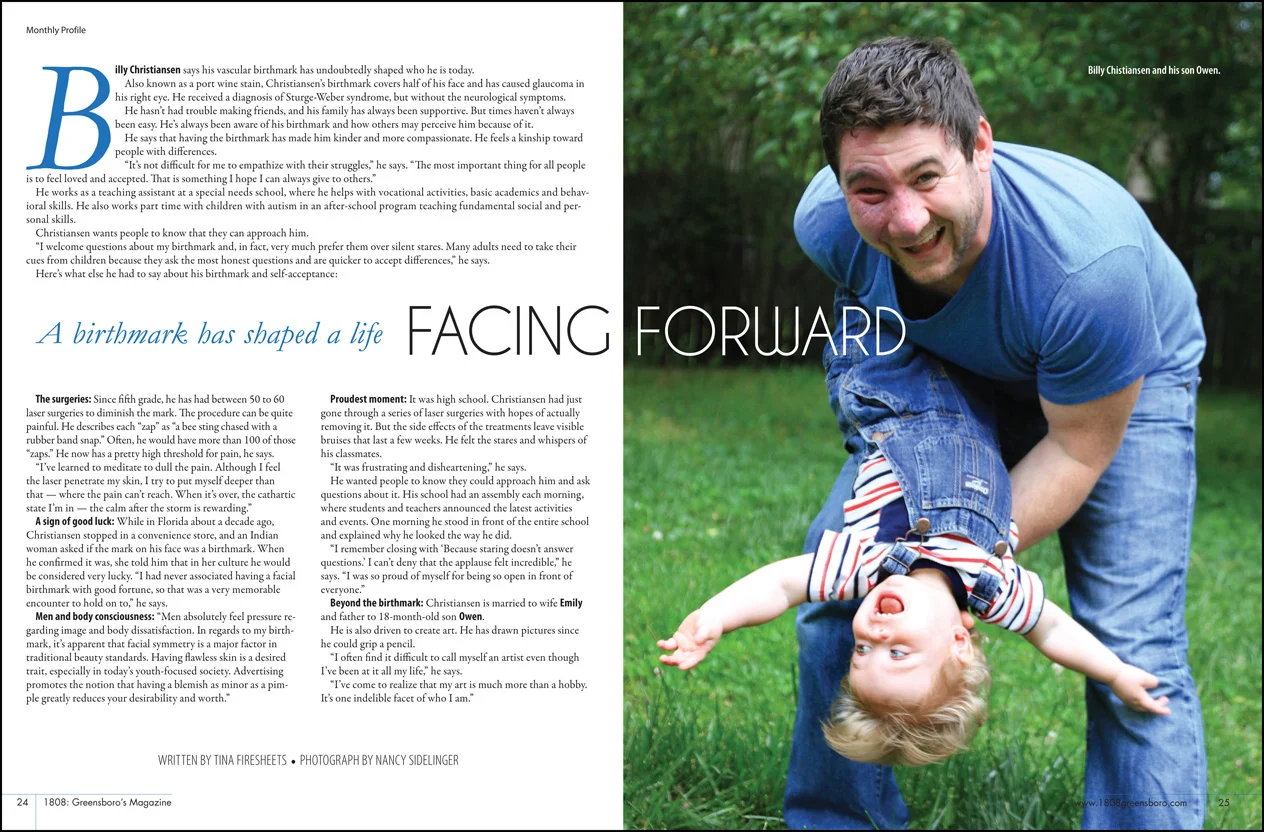 A "Monthly Profile" spread from the News &amp; Record's monthly magazine, 1808. I art direct the design / photography, copy edit / write headlines and coordinate production for the publication.