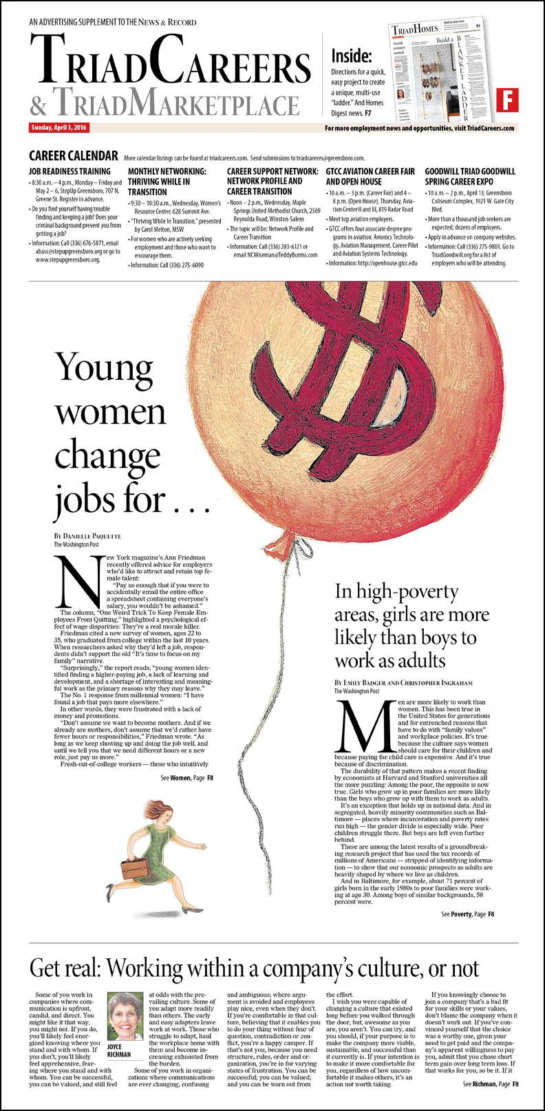 A pair of wire stories about women and salaries anchored this Sunday page. The illustration is a combination of two stock pieces.