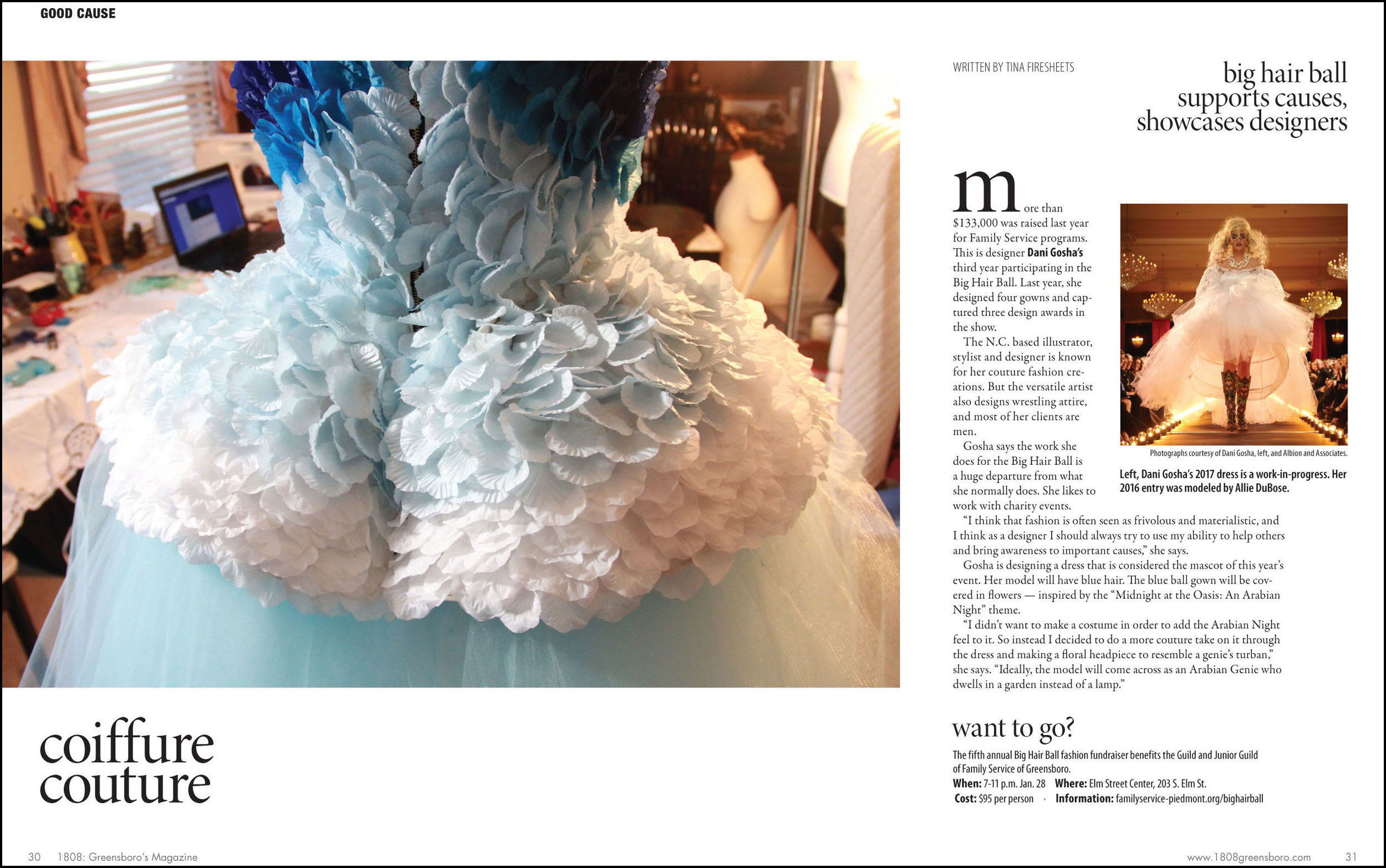 As a preview to a fundraising "Big Hair Ball" where aspiring clothing designers show new work, we profiled one of the artists and her dresses. The photographs were from the designer and a submitted image from the previous year's event.