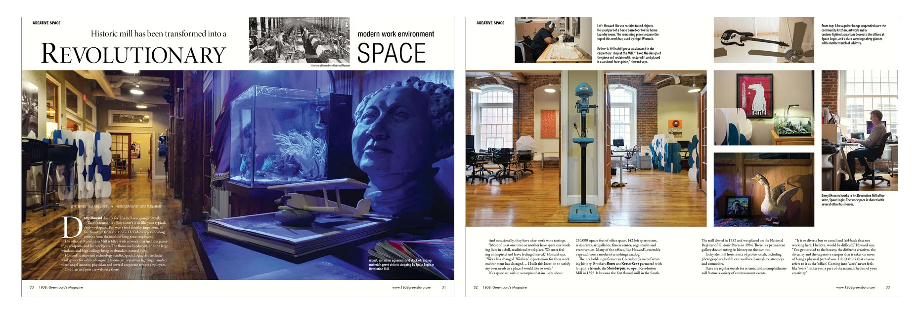 Revolution Mill was used for decades as a center for textile manufacturing in Greensboro. Sitting vacant for years, it has taken on a new life as a renovated / refurbished space for small businesses, a restaurant/brewery and meetings. The package wa…