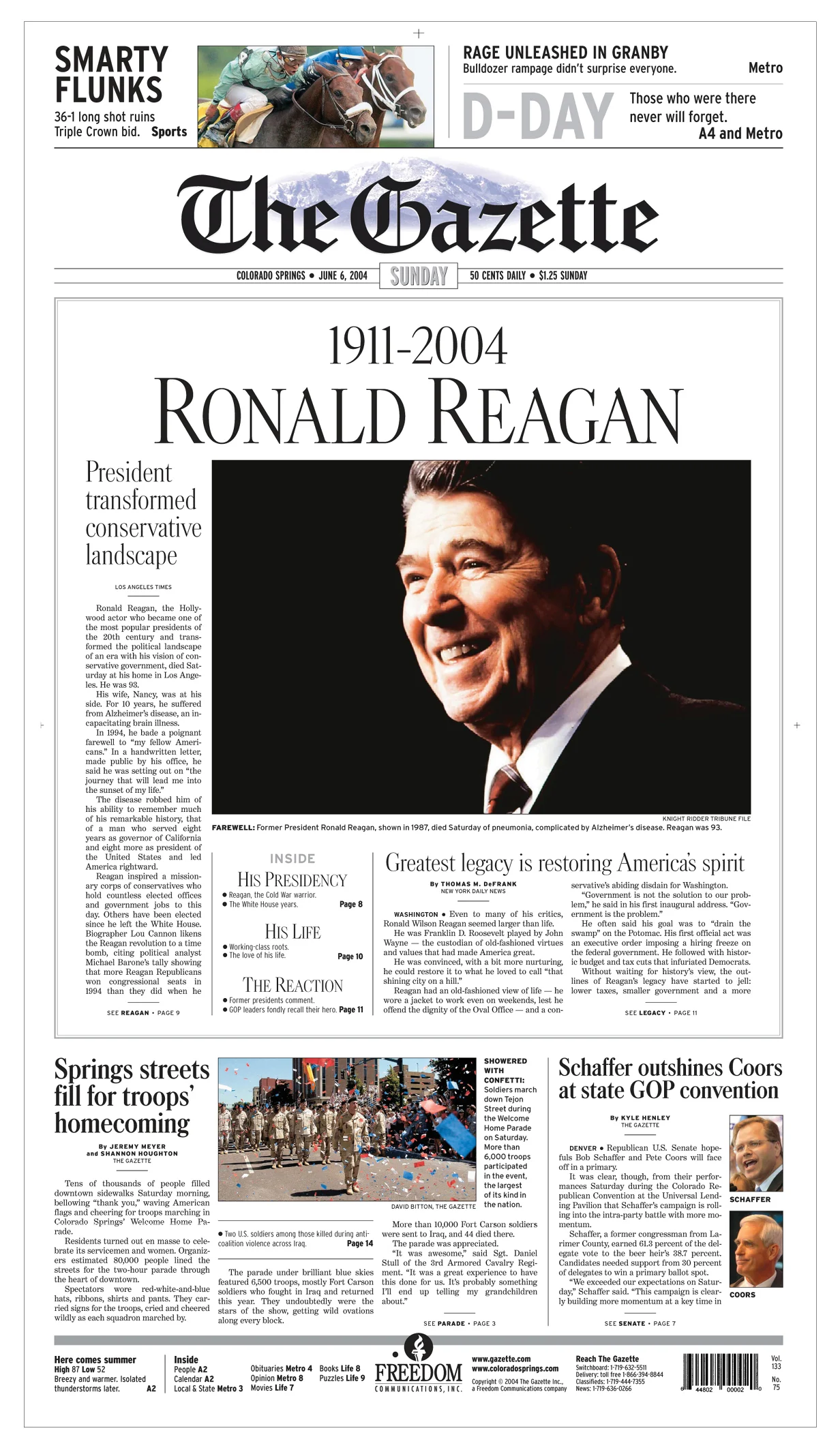 There was a large, homecoming military parade in Colorado Springs on the Saturday Ronald Reagan died. We were able to give both of them the space they needed, all things considered. I pushed the photo editor for an image of Reagan that could run sma…