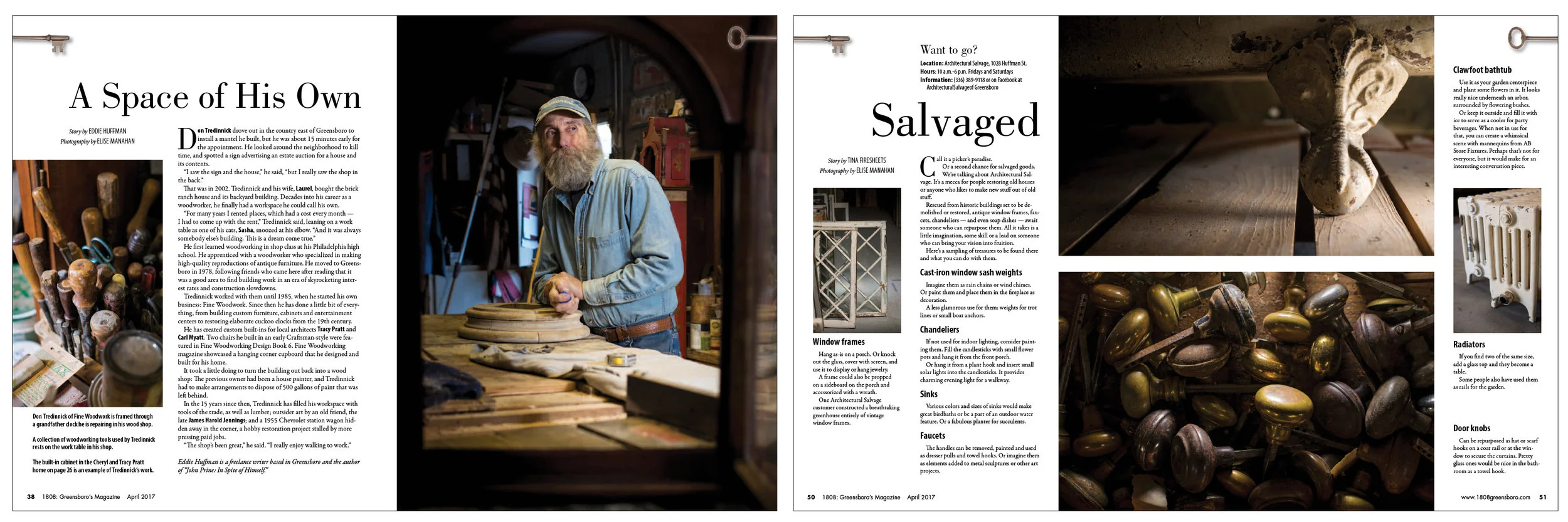 Part of the "Homes" content focused on craftsmen who create and renovate with material both new and salvaged. Architectural Salvage is one outlet for artists to find items that can be re-purposed. Images on these two spreads is by staff photographer…