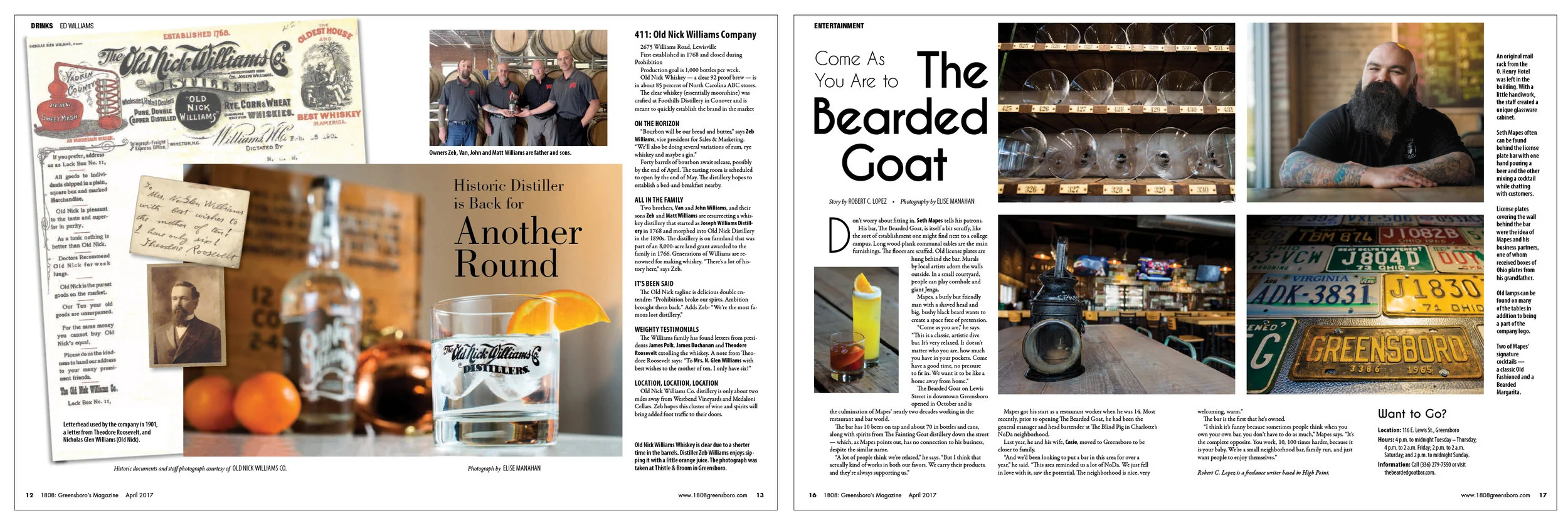 A distillery with a storied past is being started again by the sons and grandsons of the original owners. Historic documents from the 1880s helped tell the visual story.The Bearded Goat is a new bar in downtown Greensboro.