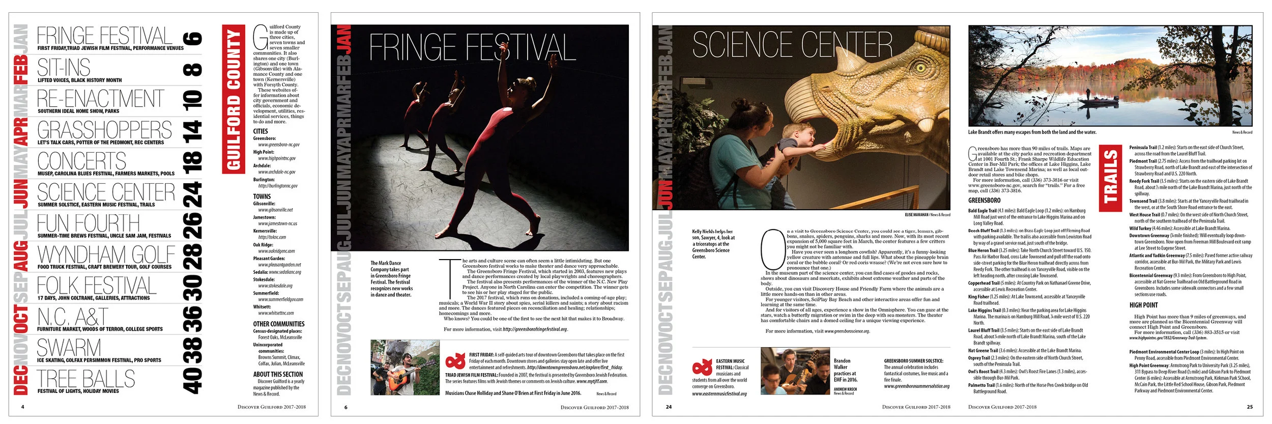 This version of an annual publication was based around things to do in the Guilford County area every month, ranging from festivals to trails and parks.