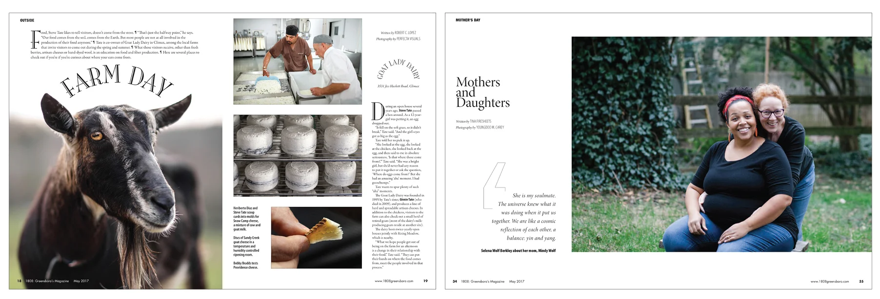 Getting outside was the general theme of the May issue. One feature looked at area farms that can be family day trips. Mothers and daughters talking about their relationships was another series of pages. Both of these examples are the opening spread…