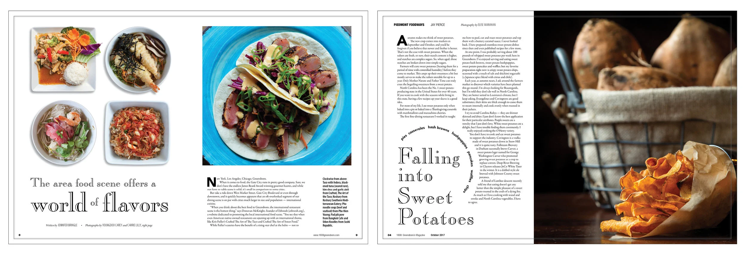 The opening spreads for the food pages had selections from ethnic restaurants. This example is a reworking of what was published. And, the food columnist talked about his love for sweet potatoes in the fall.