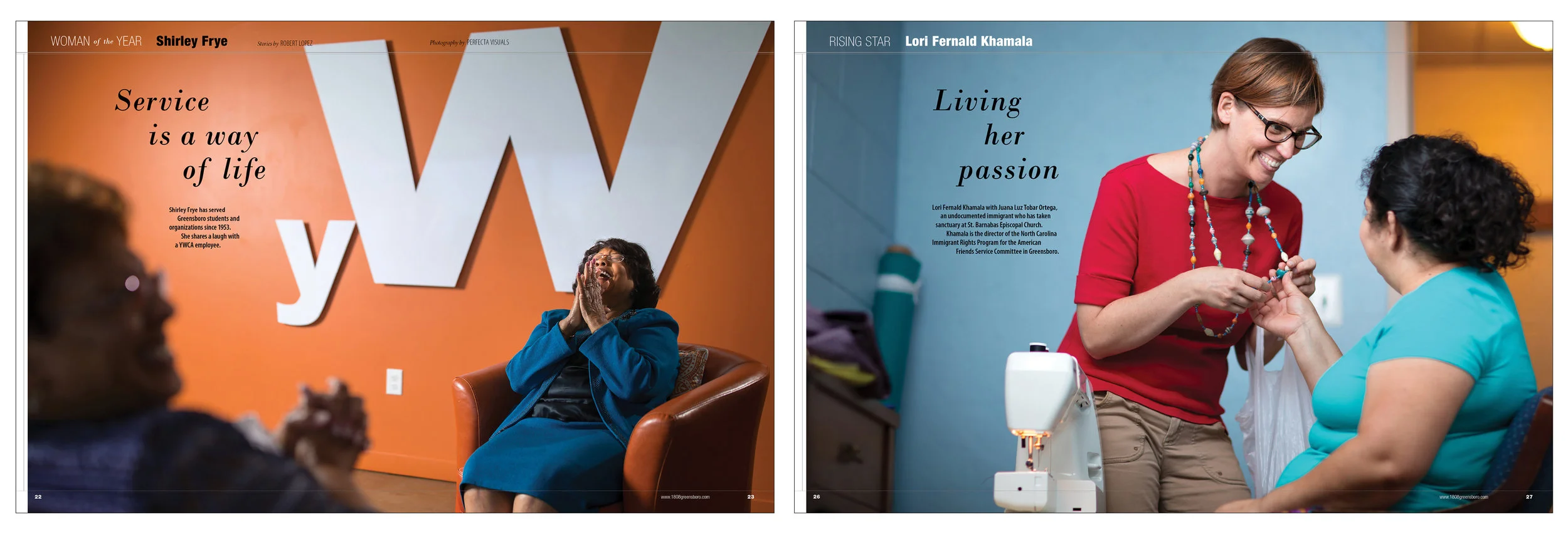 Our annual women's issue is built around the Woman of the Year and Rising Star, chosen by the News &amp; Record and a community organization, Women to Women. With wonderful photography, I went bold on the first pages of their stories.
