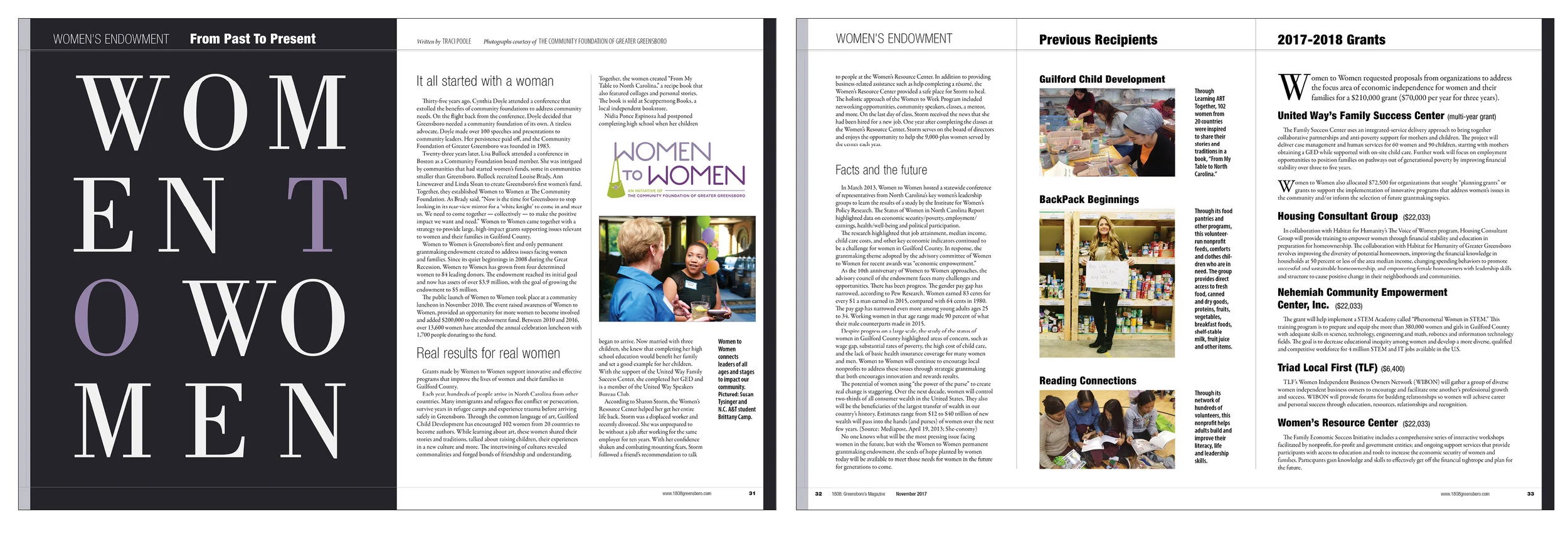 The Women to Women organization provided material about their history, award recipients and past grantees. Minutes before the printer deadline, they requested the inclusion of their logo. I would have gone in a different direction with the main type…