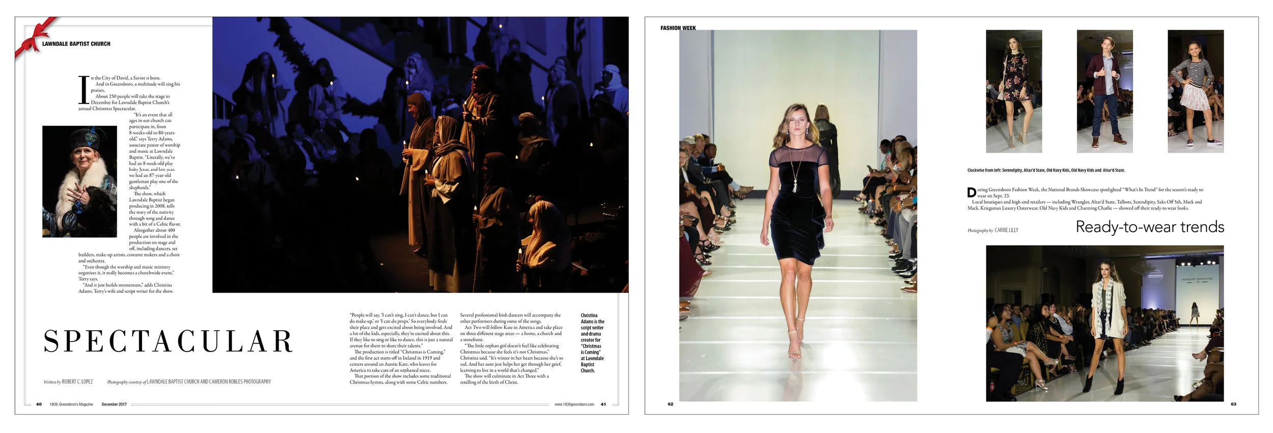 One of the last pages of our holiday coverage was on an elaborate pageant performed by a church. Outside of the main theme was a package on a fashion show with designs by students.