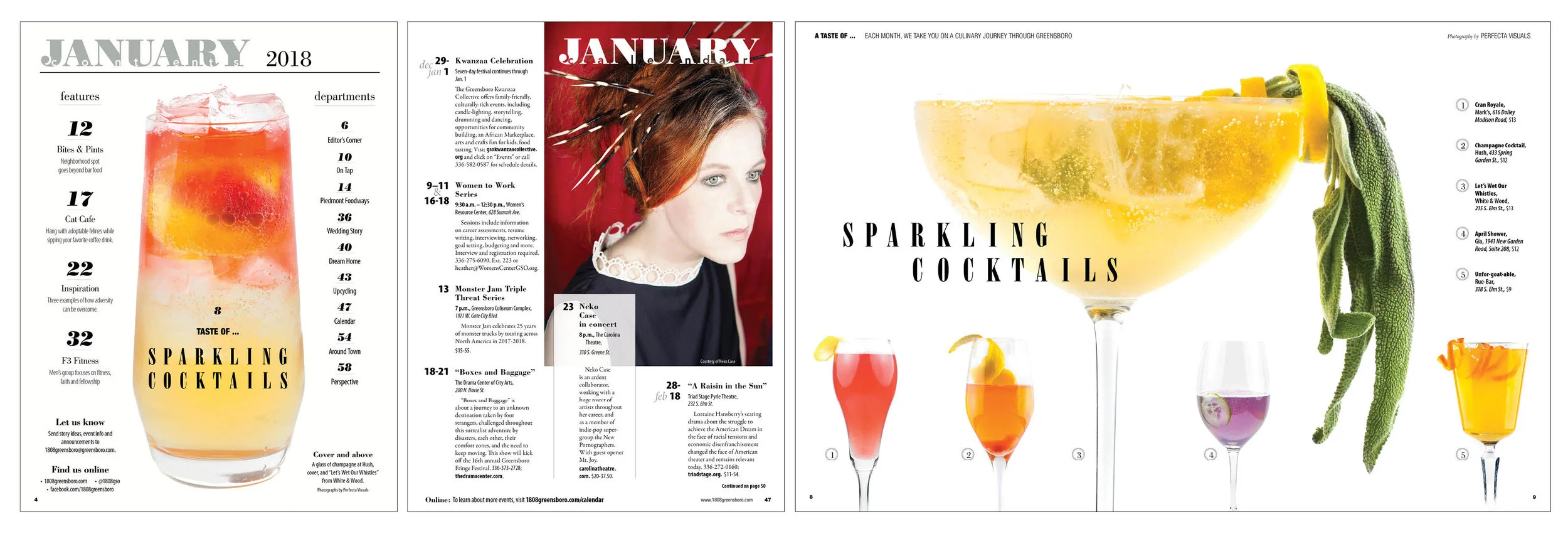 A new look for the contents page with a similar calendar treatment farther back in the book. The monthly "Taste Of..." material showcased champagne or bubbly-based drinks for our Dec. 29 release date.