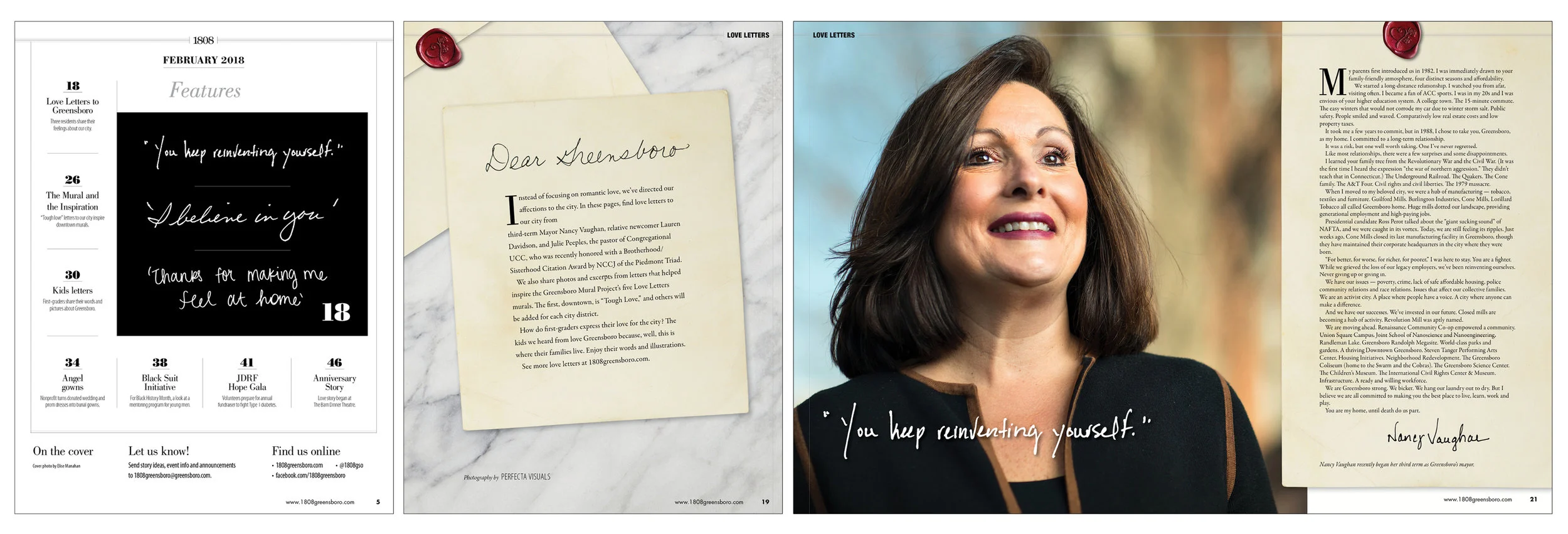 The overall theme for the issue was "Love Letters to Greensboro." Several prominent citizens, including Mayor Nancy Vaughan, wrote about why the city is important to them. I asked each author to hand write the headline and their signature. The gray …