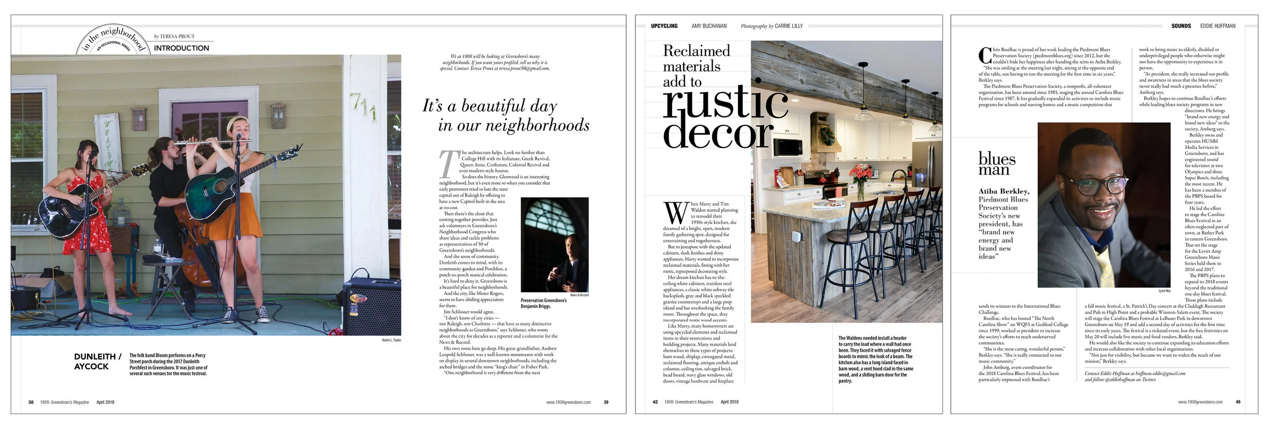 An occasional series on Greensboro's neighborhoods was introduced with a solicitation for readers to send in their favorite areas of town. A selection of file images held the spread. Also in the magazine were pages on renovating a kitchen with recla…