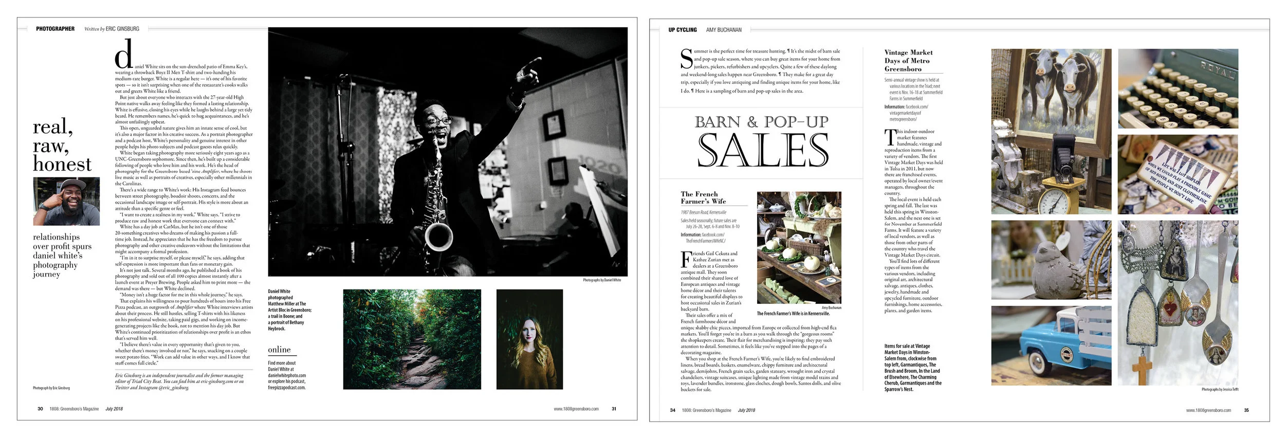 A profile on a local photographer and the eclectic items that can be found at barn and pop-up sales added "escape" material without being a formal part of that section.