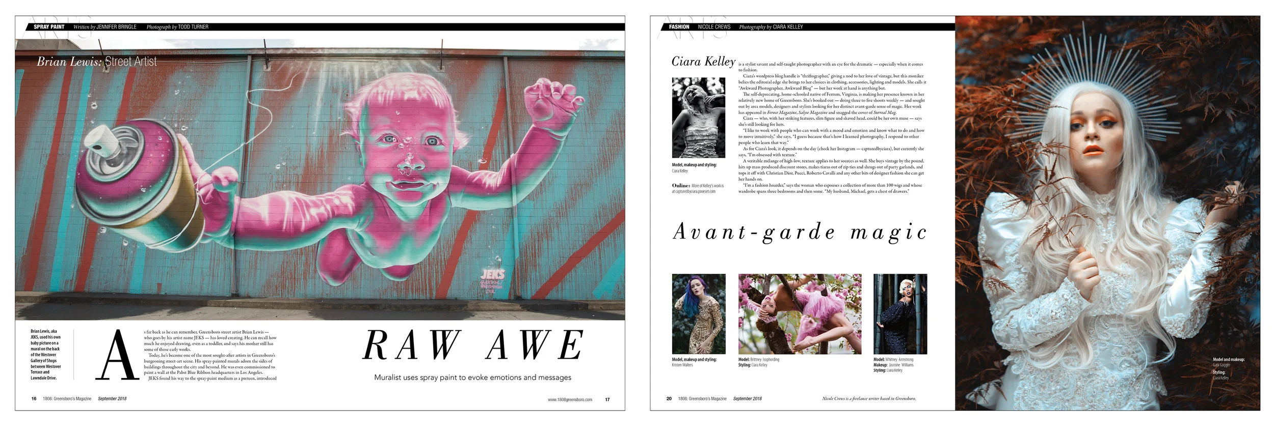 The first spreads from the ARTS coverage, the overall theme for 1808's September issue. Both led with examples of art, not the artists themselves. The street painter did not want his face shown; the photographer's self portrait is at upper left in B…