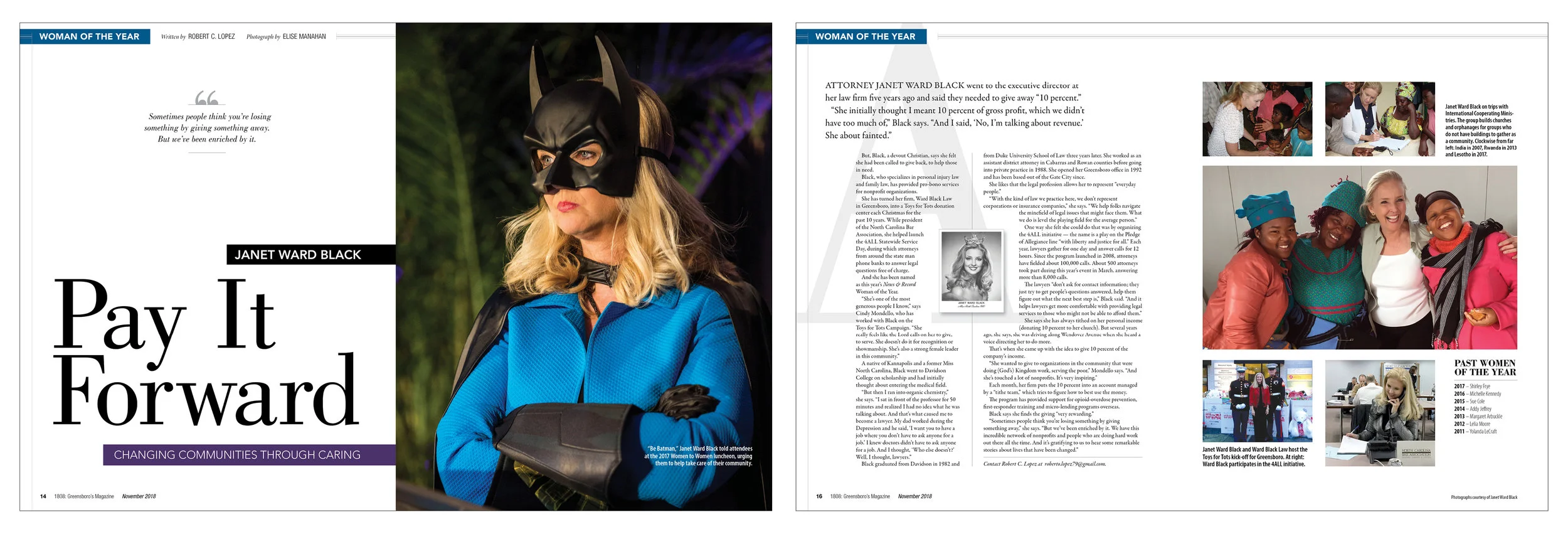 1808: Greensboro’s Magazine has an annual “Woman of the Year” issue. Most of the edition is devoted to influential women in the community. I replicated styles throughout this content for continuity.