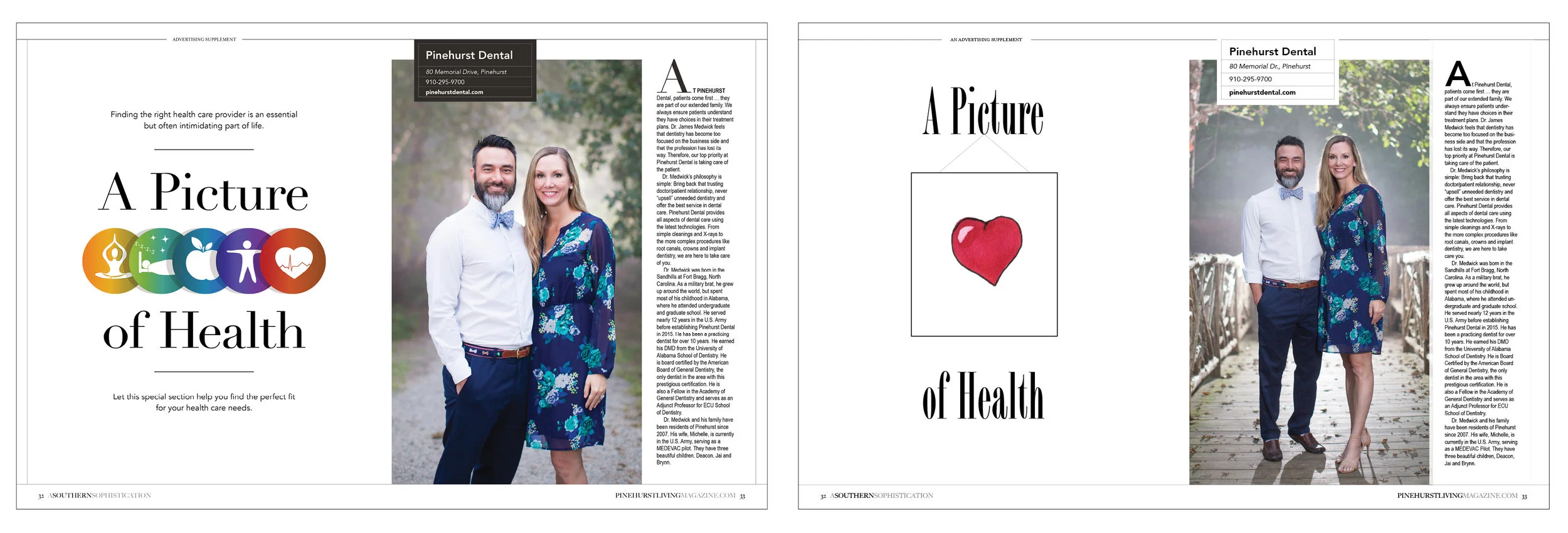 The first version of a special “Advertising Supplement,” right page, didn’t have a serious enough feel. I thought my daughter did a fabulous job with the heart as an icon of health, though it needed some polish overall. Adobe Stock was utilized for …