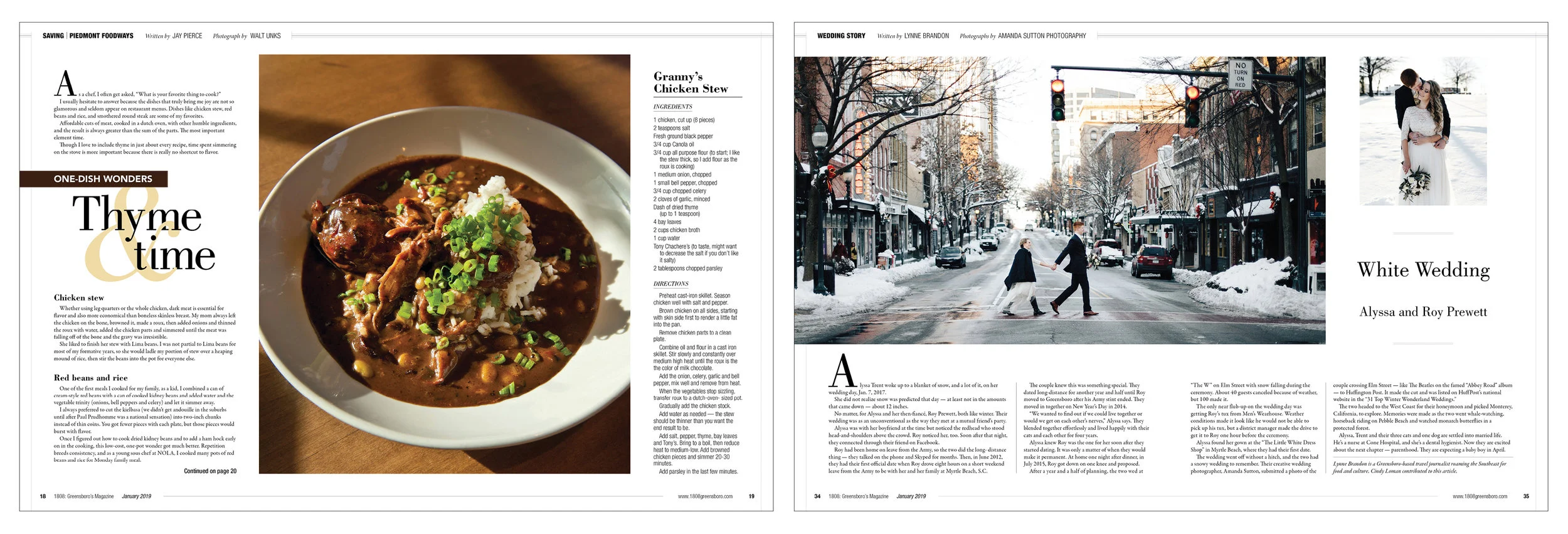 With the “Saving” theme, our food columnist talks about one-dish cooking with lower-cost cuts of meat. He always adds a touch of thyme and doesn’t rush the dish. The month’s “Wedding Story” feature looked at a couple who was met with an extra surpri…