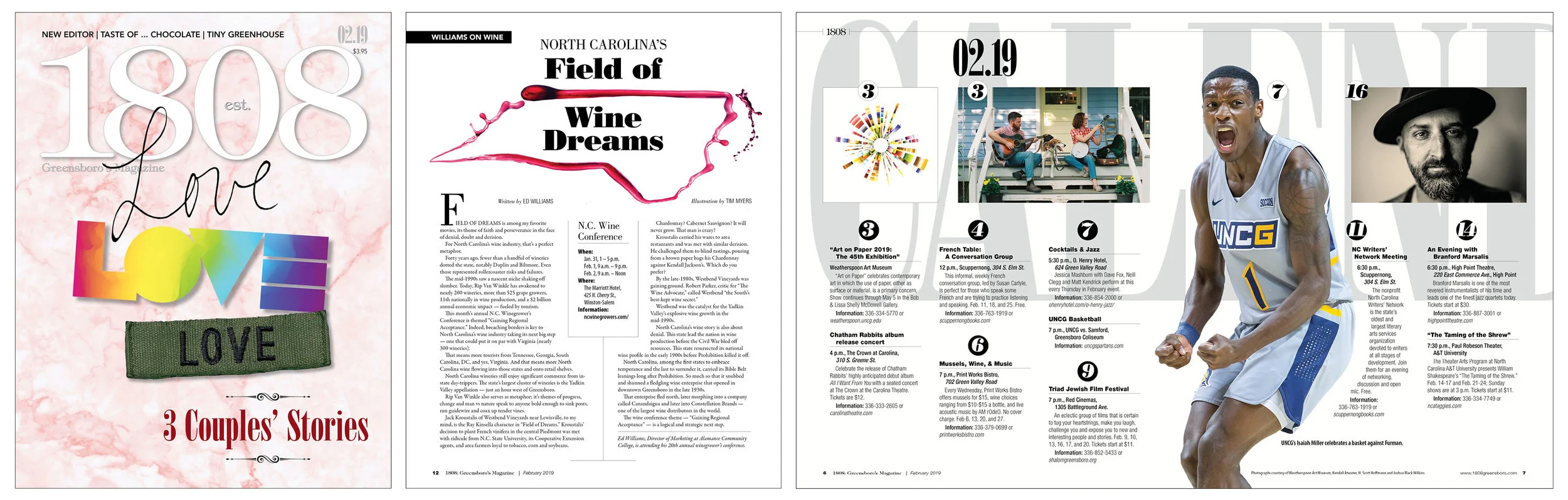 With the overall theme of “Love,” we profiled three couples and their paths — one married 47 years, a same-sex marriage and a military duo. I created the illustrations for the cover, as well as the wine column piece. The calendar was new to the maga…