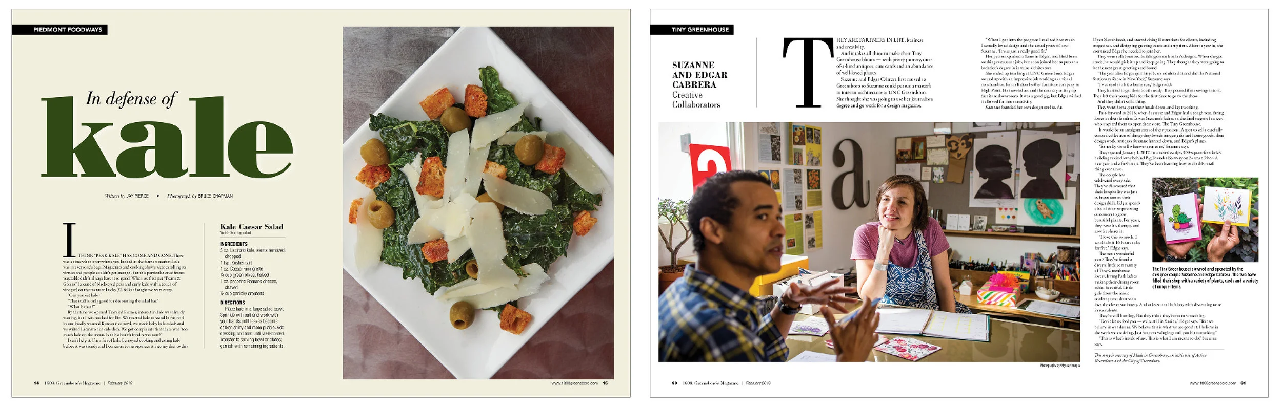 The food columnist talked about his love for kale. A married artist duo was profiled as part of a collaboration with the Made in Greensboro organization.