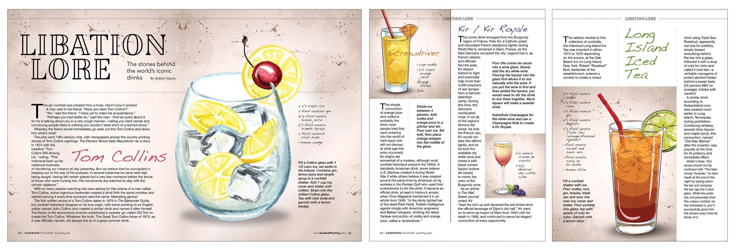 For a “History of Famous Drinks” piece, I was asked to find stock illustrations as the base for the presentation. The preferred options had different recipes as part of the illustrations; I stripped them out and added our recipes in InDesign.