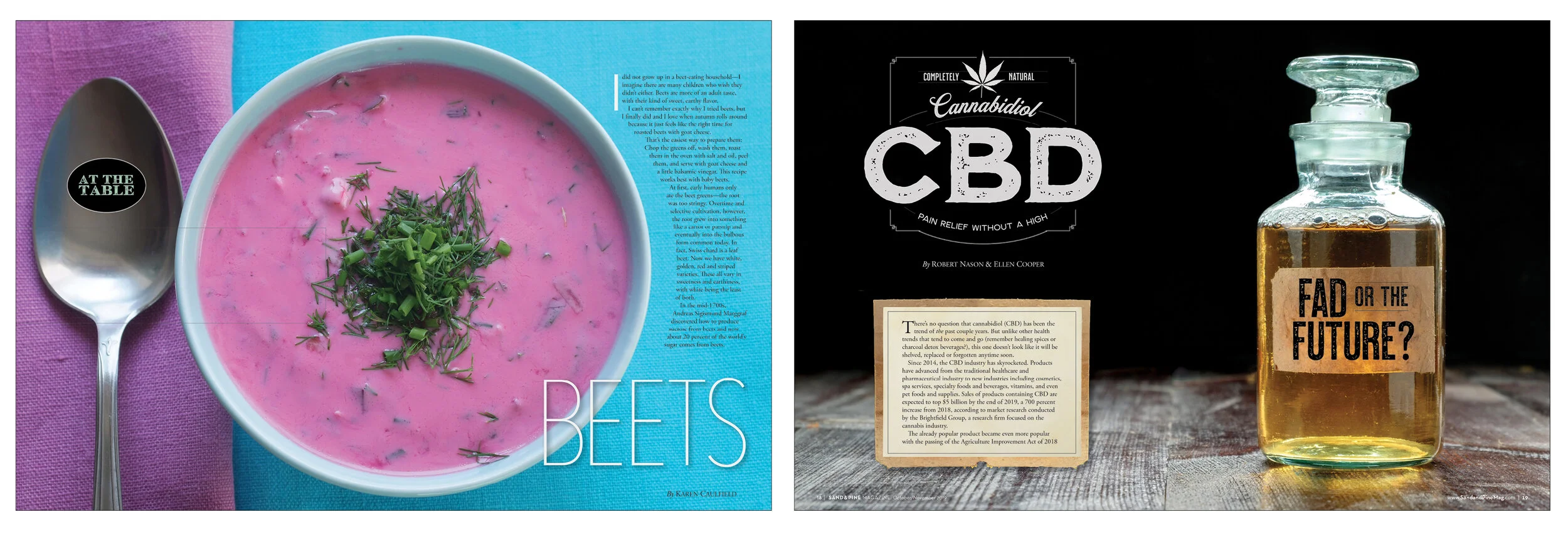I found a wonderful stock image of beet soup for an “At the Table” recipe, which ran on the following page. I created a headline / logo for a look at CBD oil, opting for an old apothecary approach to the new medicine.