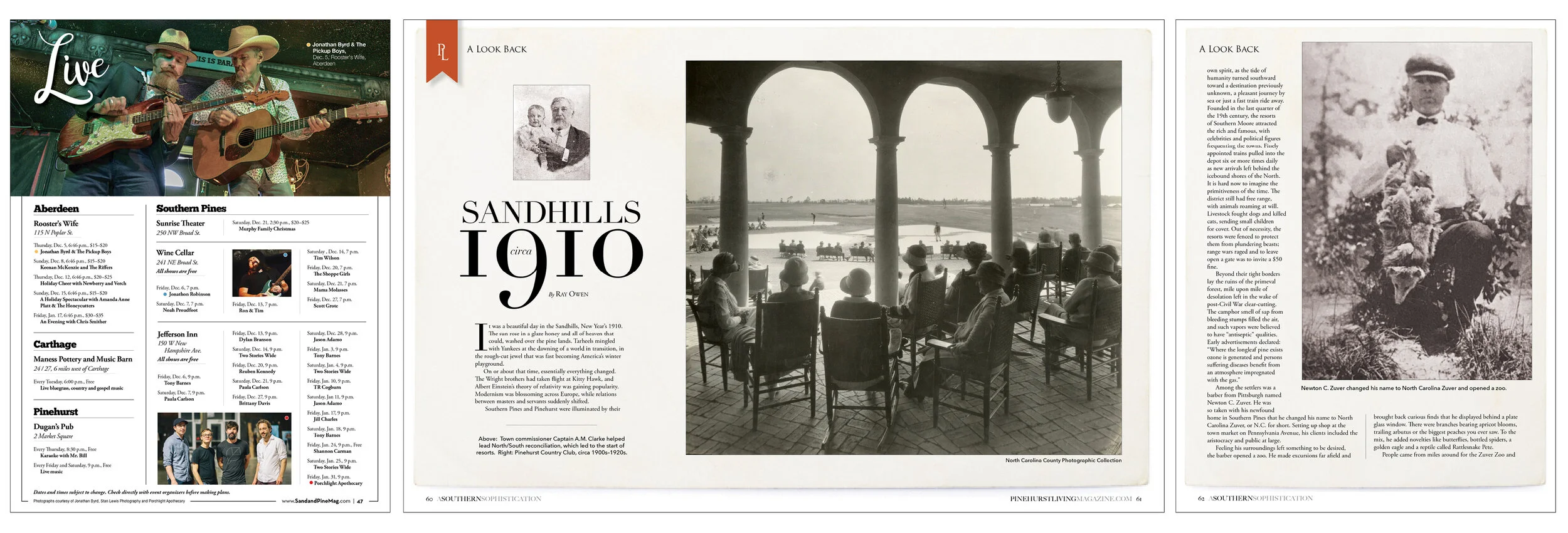 I reworked the single-page “Live” listing of local shows at the last minute. Instead of following previous versions that ran the text more like a story / list with clip art of guitars and drums, I searched for images of bands and broke out each city…