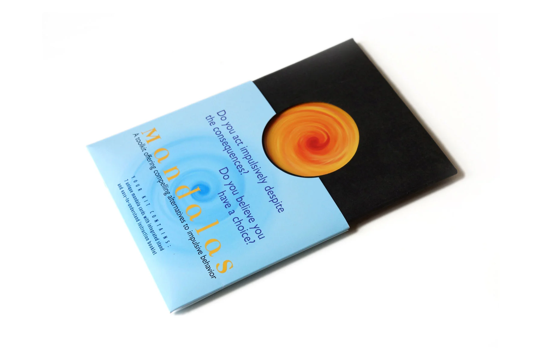 This is the package design for a series of meditative mandala cards. The cards are meant for gazing upon to focus mental energy and relieve daily stress. 